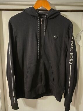Michael Kors Black Men’s Zip-Up Hooded Sweater with Sleeve Logo
